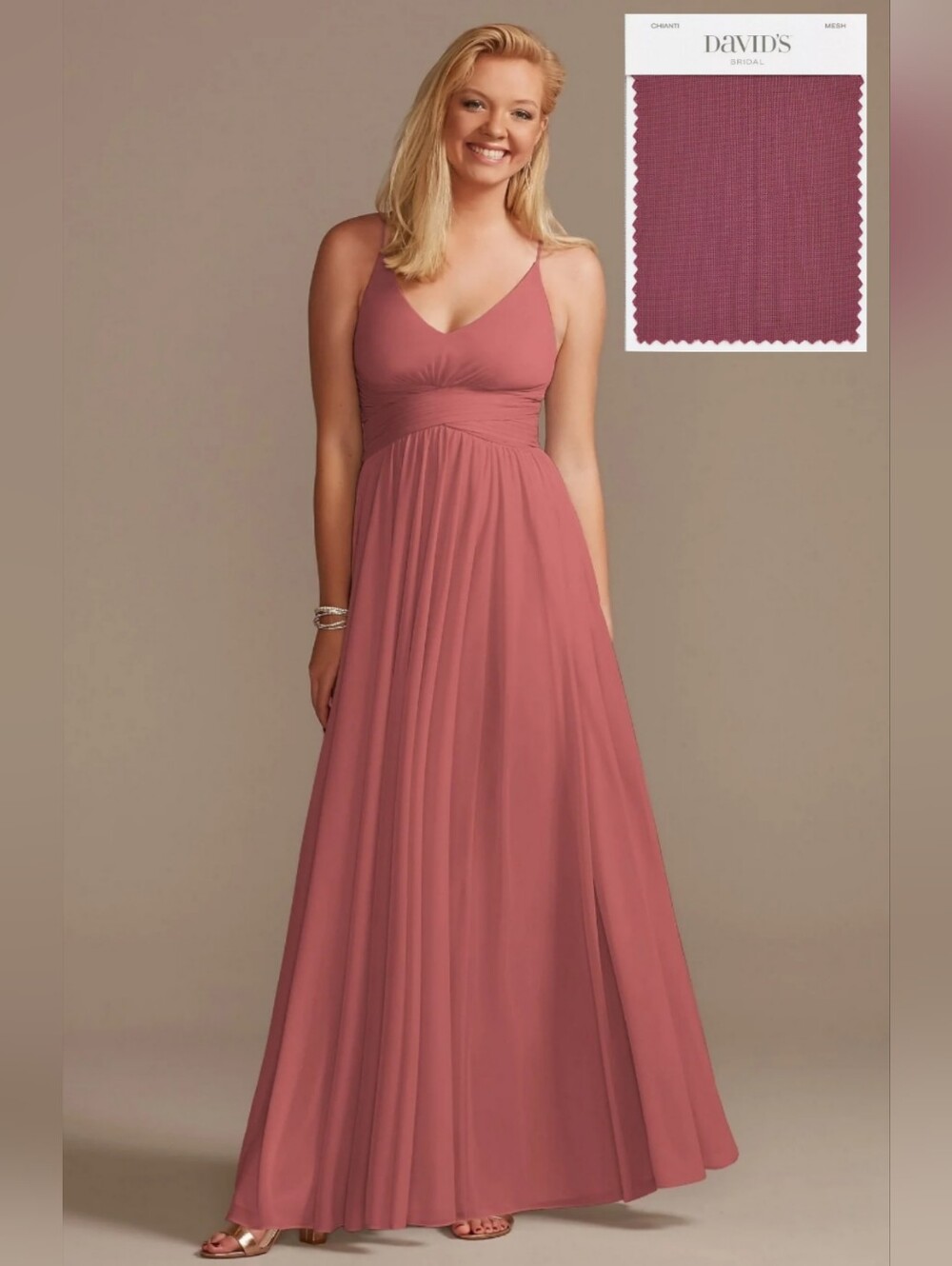 Mauve (Chianti) V-Neck Bridesmaid Dress with Ruched Waist